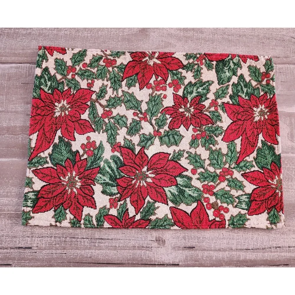Festive Holiday Poinsettia Pattern Woven Tapestry Placemats Set Of 4 17